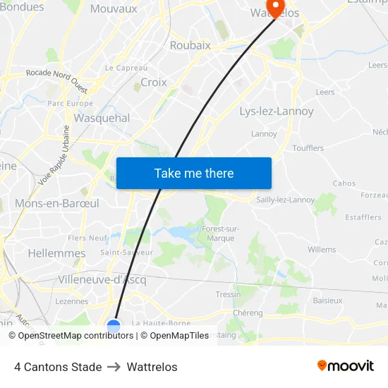 4 Cantons Stade to Wattrelos map