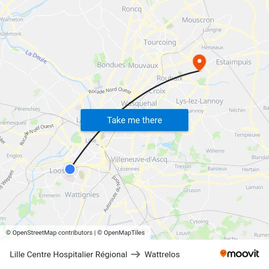 Lille Centre Hospitalier Régional to Wattrelos map
