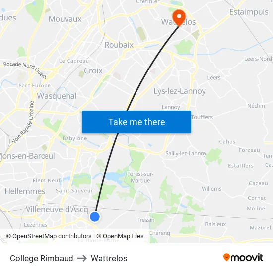 College Rimbaud to Wattrelos map