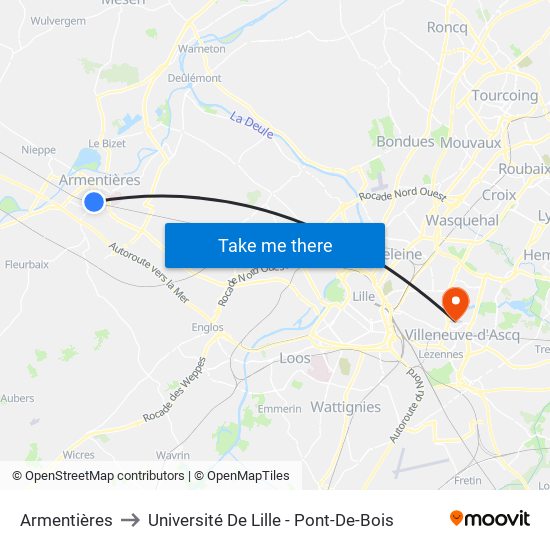 Armentières to Université De Lille - Pont-De-Bois map