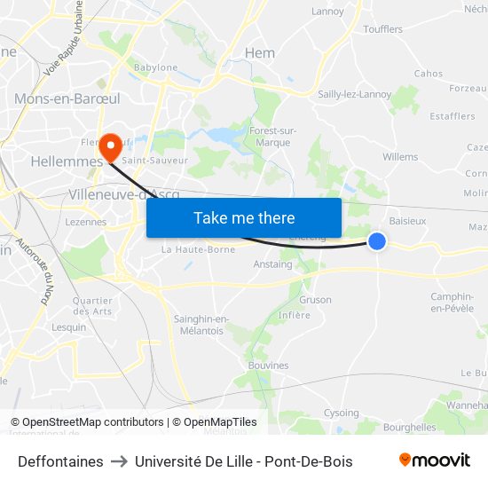 Deffontaines to Université De Lille - Pont-De-Bois map
