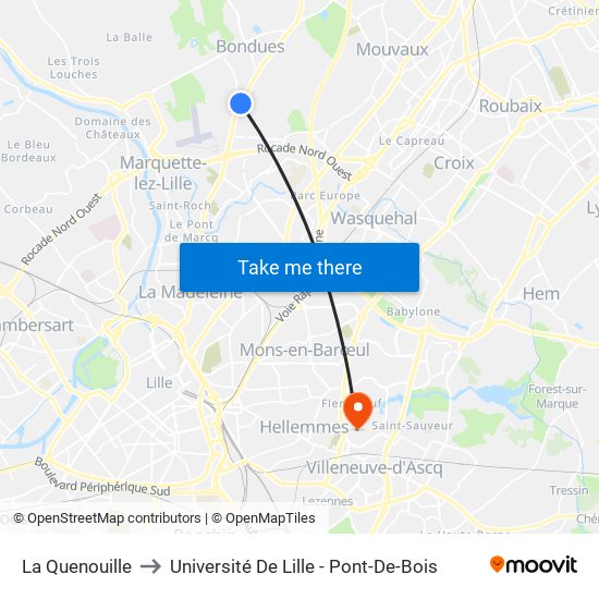 La Quenouille to Université De Lille - Pont-De-Bois map