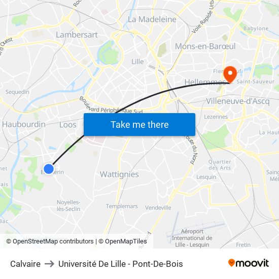 Calvaire to Université De Lille - Pont-De-Bois map