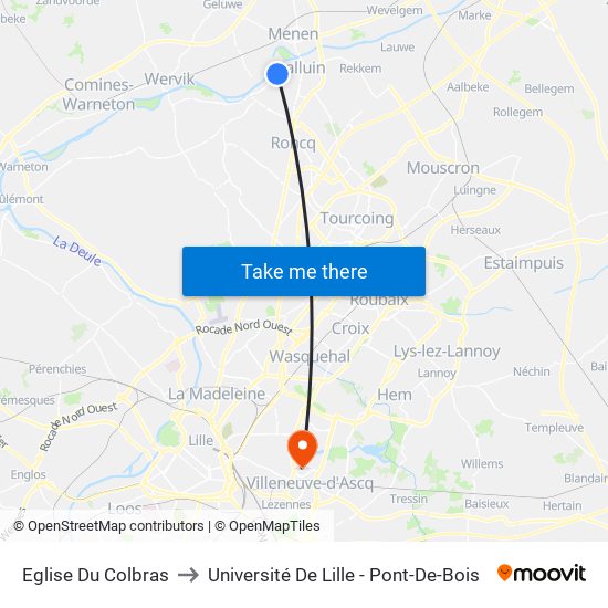 Eglise Du Colbras to Université De Lille - Pont-De-Bois map