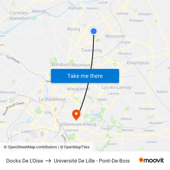 Docks De L'Oise to Université De Lille - Pont-De-Bois map