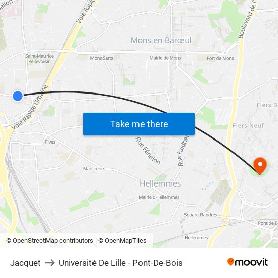 Jacquet to Université De Lille - Pont-De-Bois map