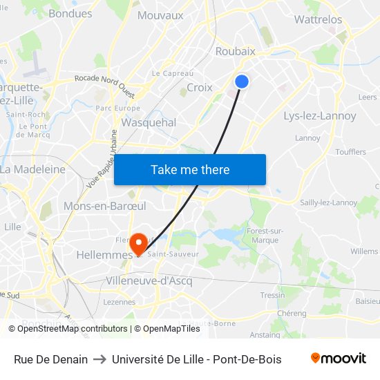 Rue De Denain to Université De Lille - Pont-De-Bois map