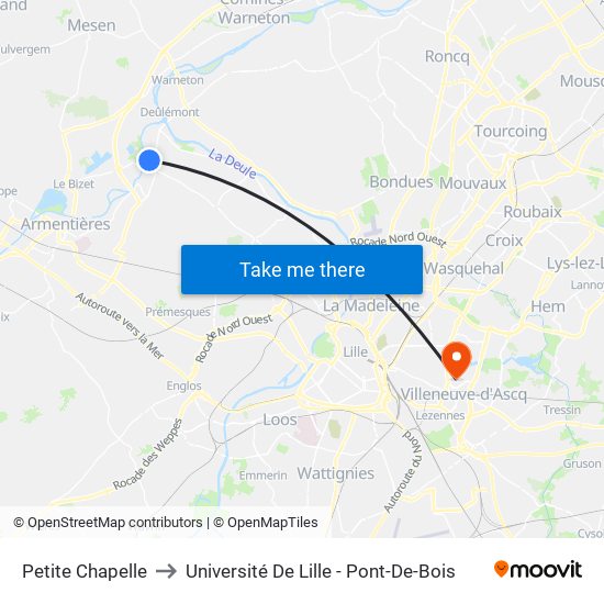 Petite Chapelle to Université De Lille - Pont-De-Bois map