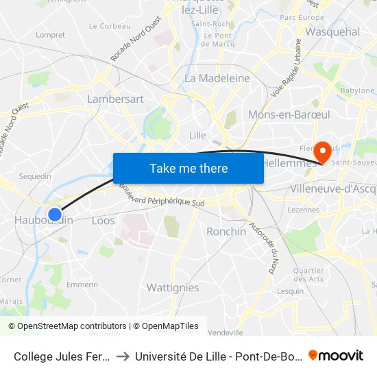 College Jules Ferry to Université De Lille - Pont-De-Bois map