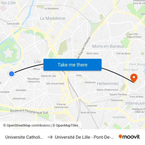 Universite Catholique to Université De Lille - Pont-De-Bois map