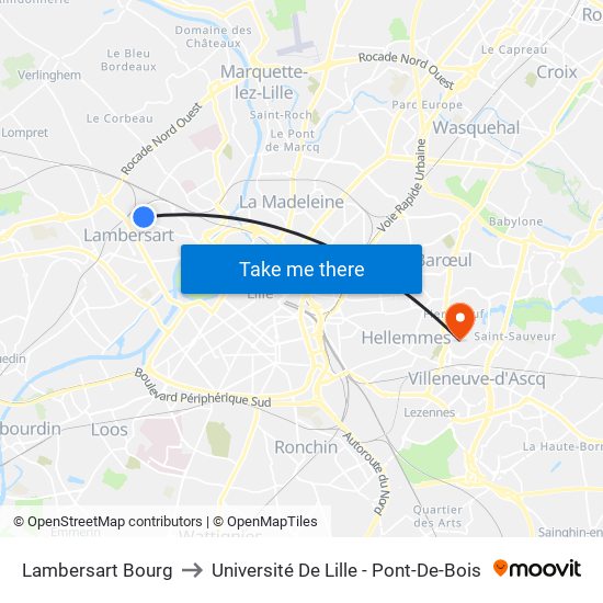 Lambersart Bourg to Université De Lille - Pont-De-Bois map