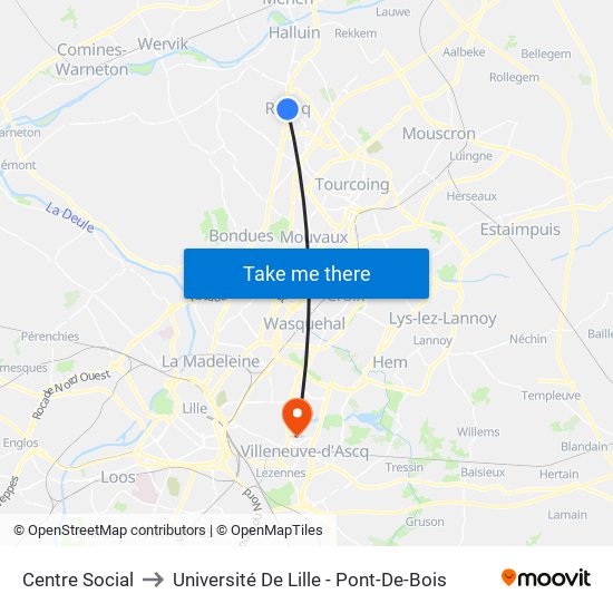 Centre Social to Université De Lille - Pont-De-Bois map