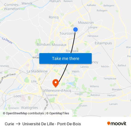 Curie to Université De Lille - Pont-De-Bois map