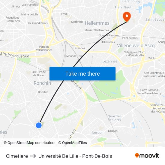 Cimetiere to Université De Lille - Pont-De-Bois map
