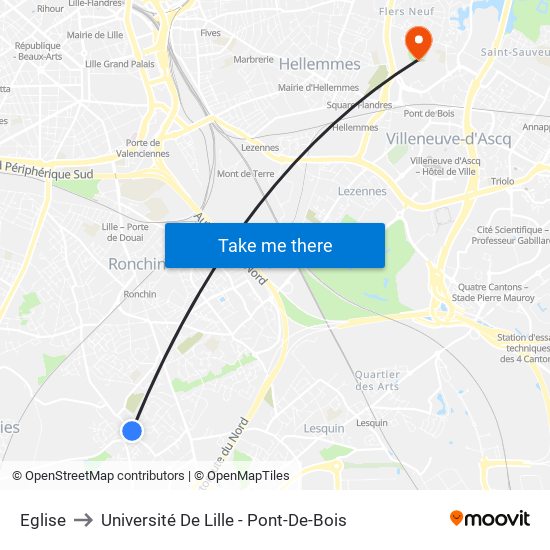Eglise to Université De Lille - Pont-De-Bois map