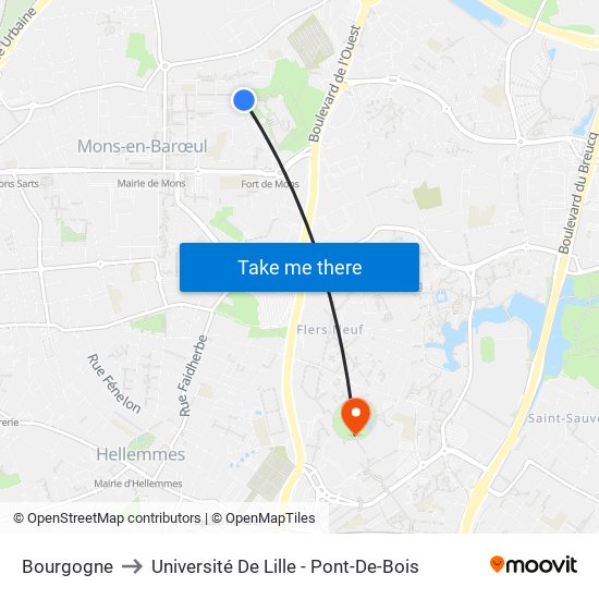 Bourgogne to Université De Lille - Pont-De-Bois map