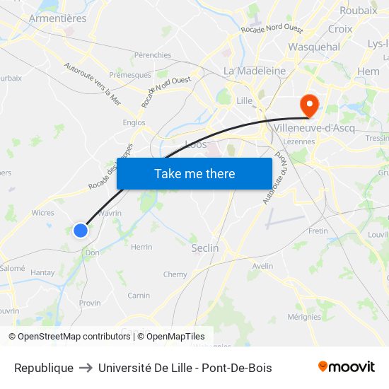 Republique to Université De Lille - Pont-De-Bois map