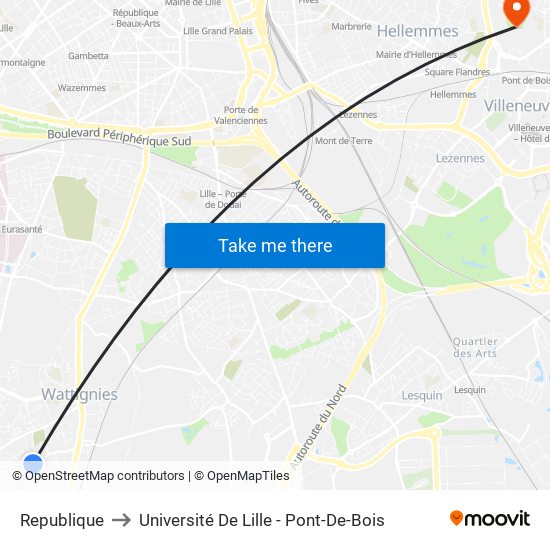 Republique to Université De Lille - Pont-De-Bois map