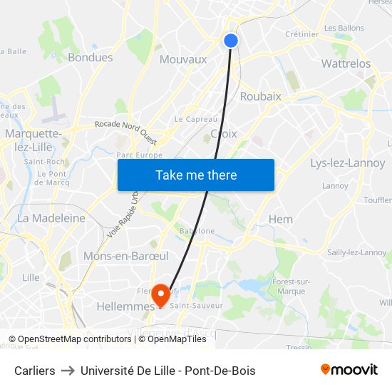 Carliers to Université De Lille - Pont-De-Bois map