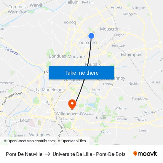 Pont De Neuville to Université De Lille - Pont-De-Bois map