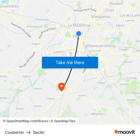 Coubertin to Seclin map