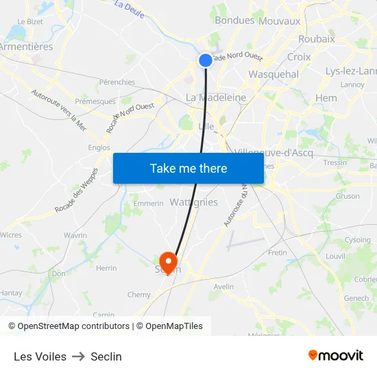 Les Voiles to Seclin map