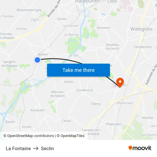 La Fontaine to Seclin map