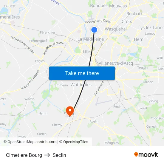 Cimetiere Bourg to Seclin map
