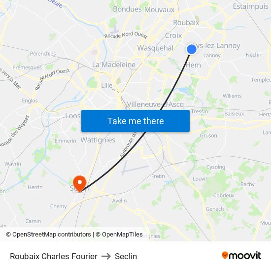 Roubaix Charles Fourier to Seclin map