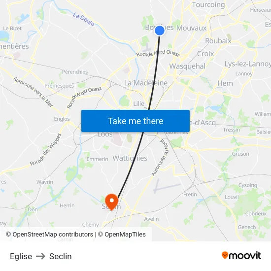 Eglise to Seclin map