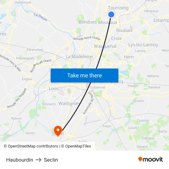 Haubourdin to Seclin map