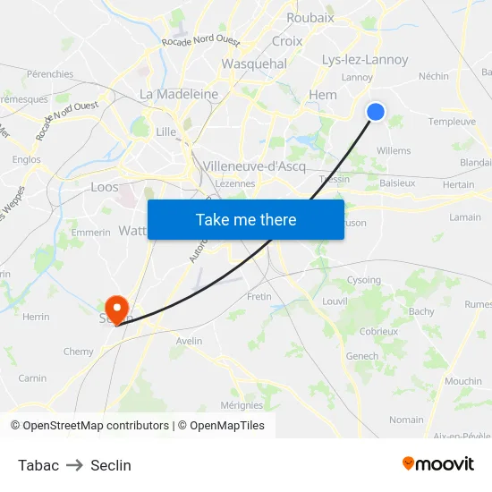Tabac to Seclin map