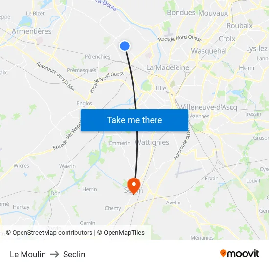 Le Moulin to Seclin map