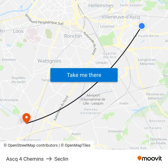Ascq 4 Chemins to Seclin map