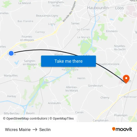Wicres Mairie to Seclin map