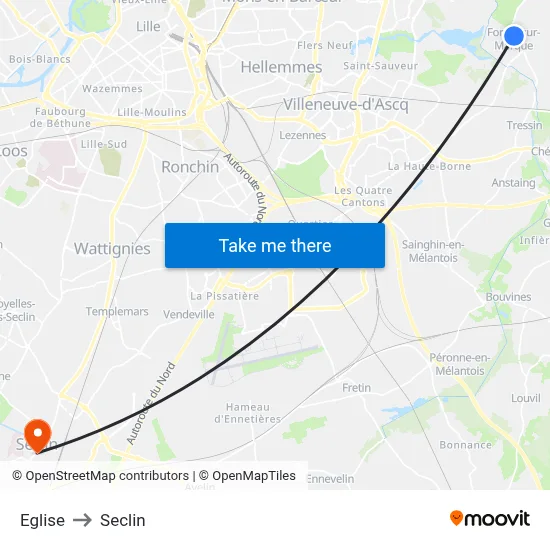 Eglise to Seclin map