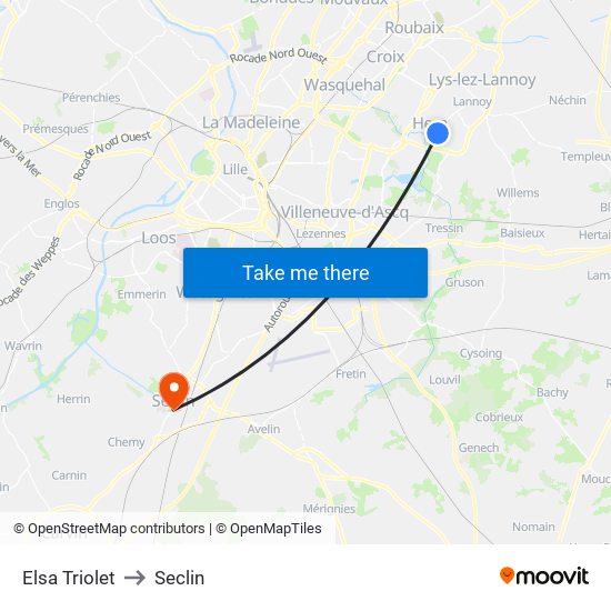 Elsa Triolet to Seclin map