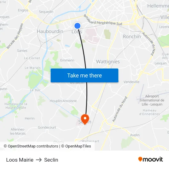 Loos Mairie to Seclin map