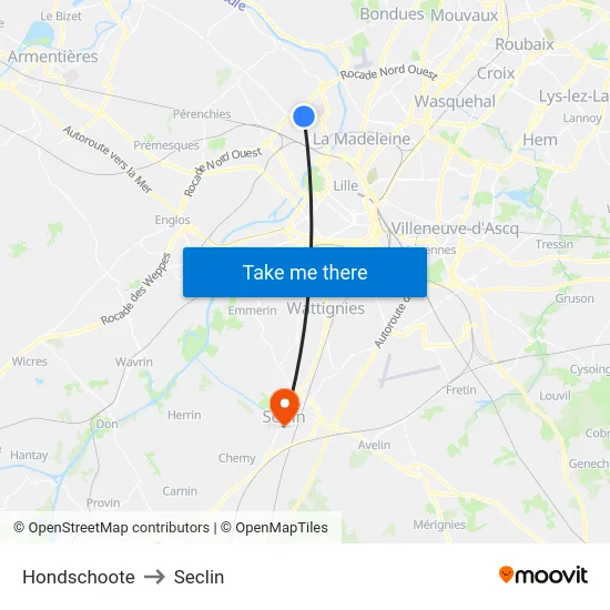 Hondschoote to Seclin map