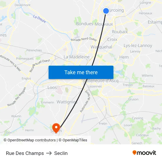 Rue Des Champs to Seclin map