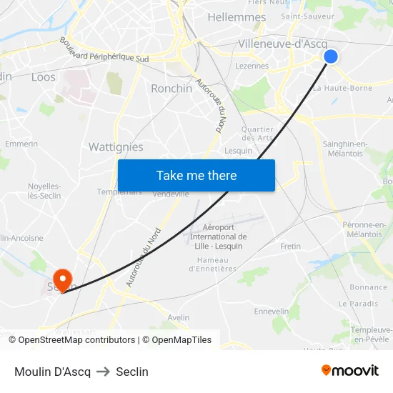 Moulin D'Ascq to Seclin map