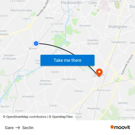 Gare to Seclin map