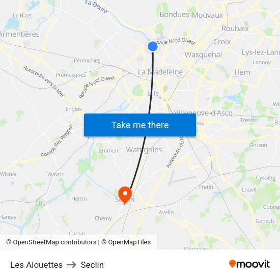 Les Alouettes to Seclin map