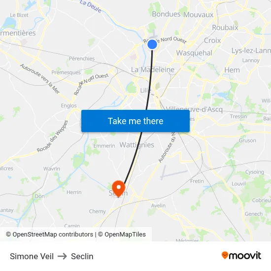 Simone Veil to Seclin map