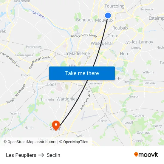 Les Peupliers to Seclin map