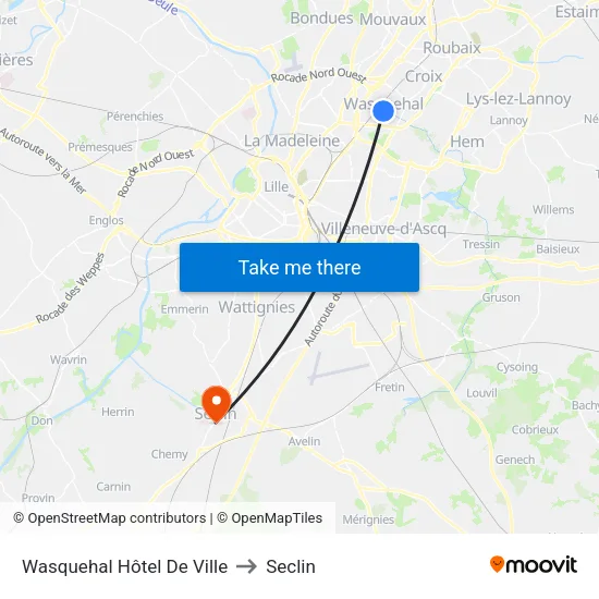 Wasquehal Hôtel De Ville to Seclin map