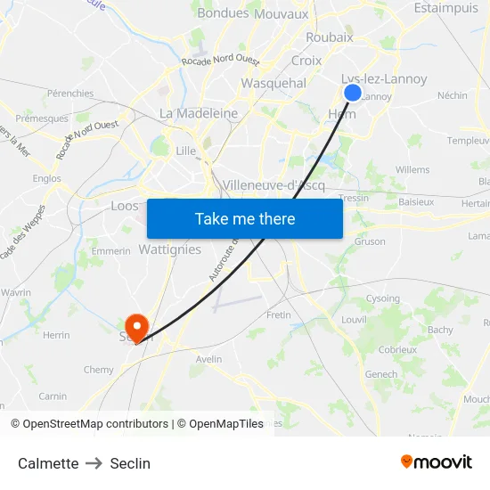 Calmette to Seclin map