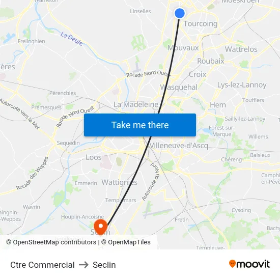 Ctre Commercial to Seclin map