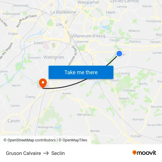 Gruson Calvaire to Seclin map