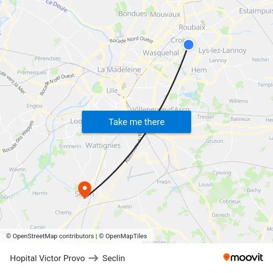Hopital Victor Provo to Seclin map
